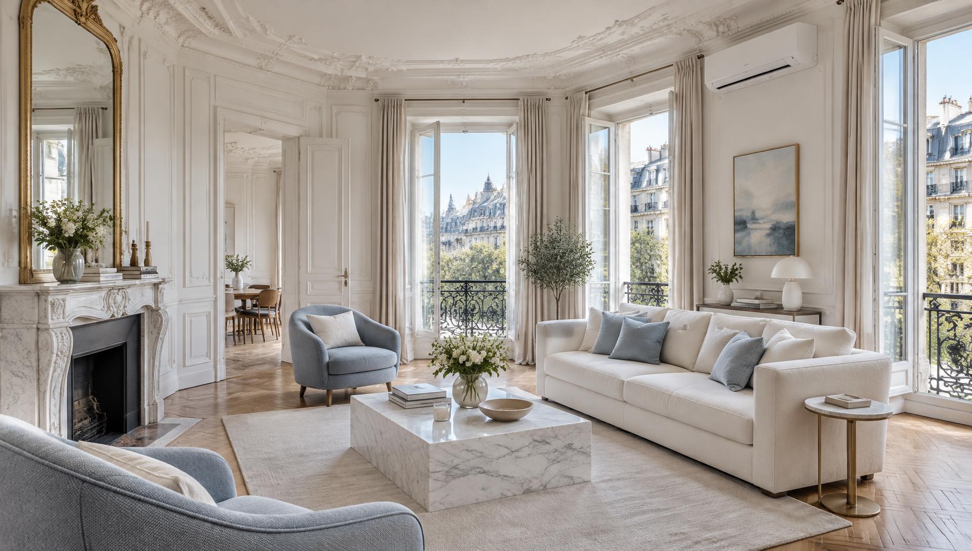 Salon haussmannien lumineux avec moulures, parquet et hautes fenêtres